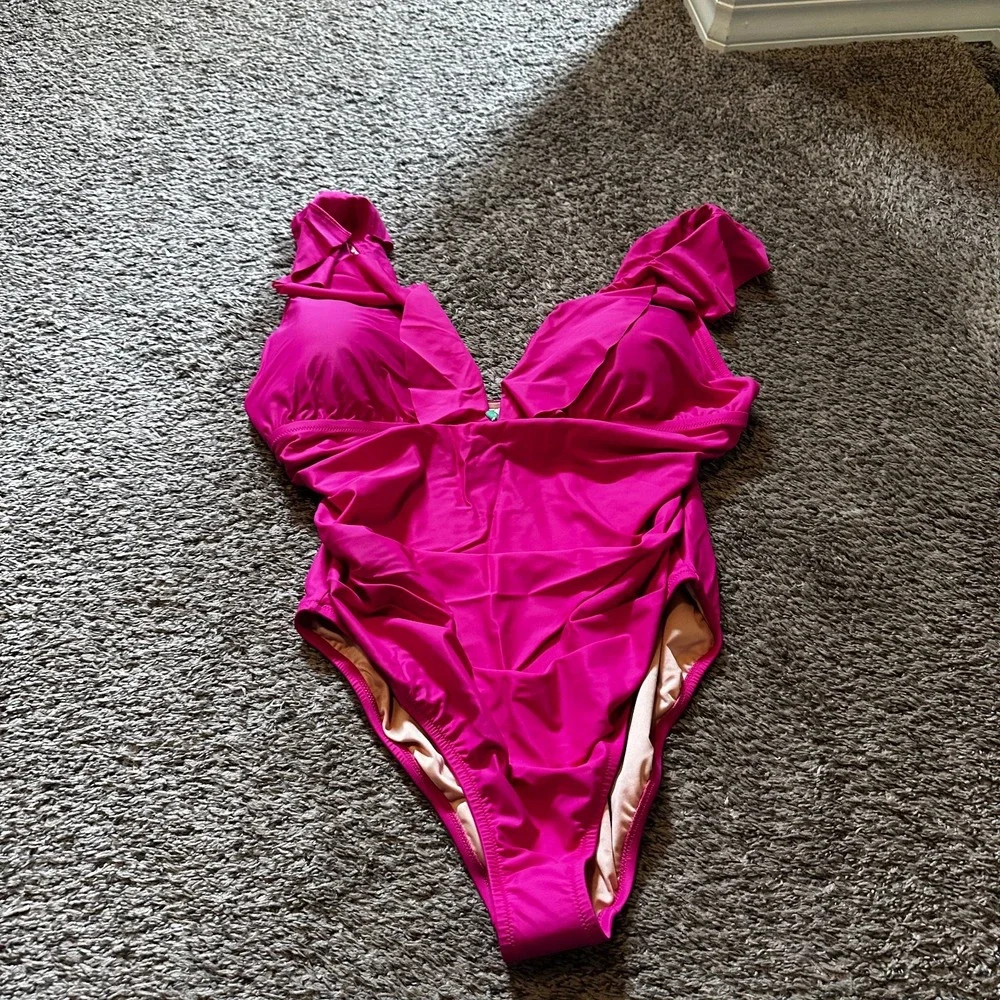 J.Crew Ruffle Plunge‎ One Piece Swimsuit Ruched Pink Size 22